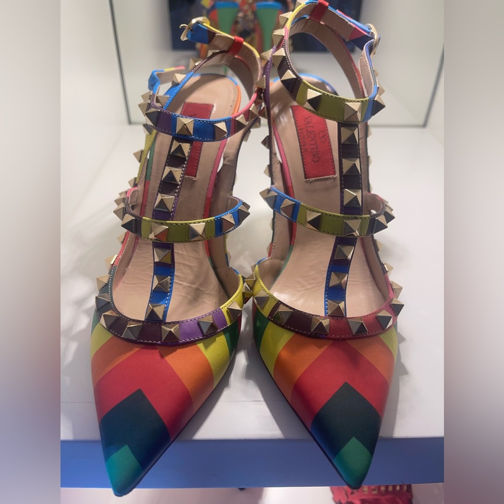 Valentino Multi-Color Striped Studded Heels - Picture 1 of 4